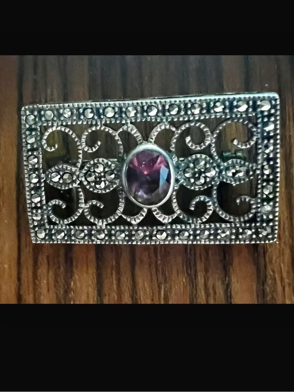 Vintage 925 Art Deco Brooch Pin Amethyst & Marcasite Sterling SIlver